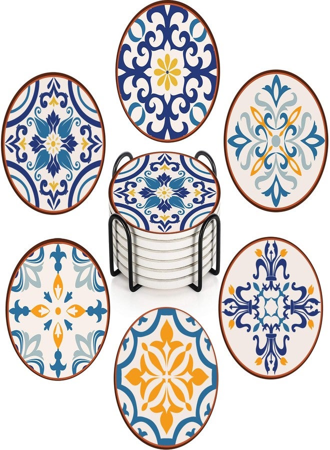 Bribay Coaster for Drinks Set of 6, Colorful Ceramic Talavera Flower Vintage Absorbent Round Ceramic Stone Mat, with Cork Base and Metal Holder, Gift for Housewarming Room Bar Decor - Image 1